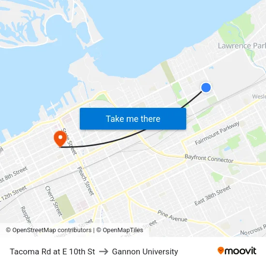 Tacoma Rd at E 10th St to Gannon University map