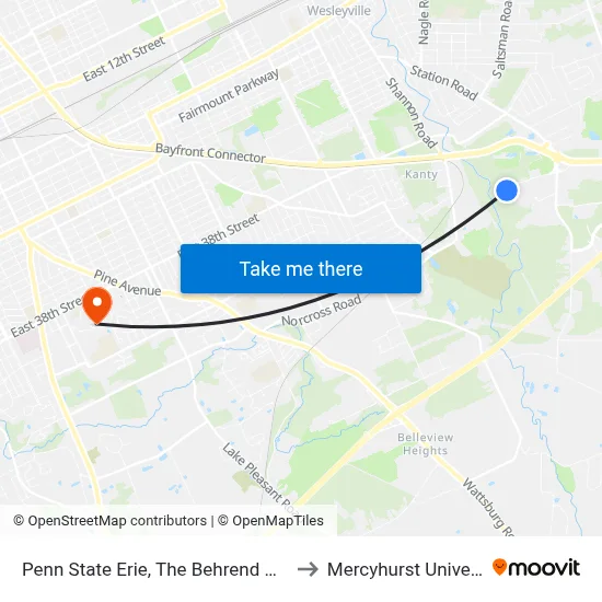 Penn State Erie, The Behrend College to Mercyhurst University map