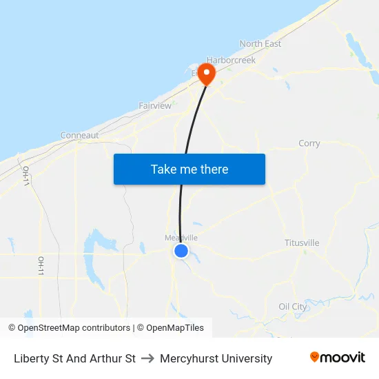 Liberty St And Arthur St to Mercyhurst University map