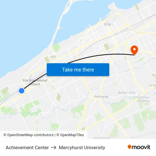 Achievement Center to Mercyhurst University map