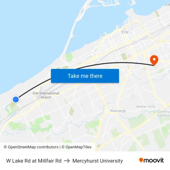W Lake Rd at Millfair Rd to Mercyhurst University map