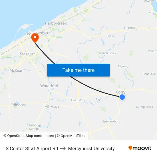 S Center St at Airport Rd to Mercyhurst University map