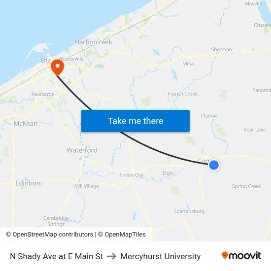 N Shady Ave at E Main St to Mercyhurst University map