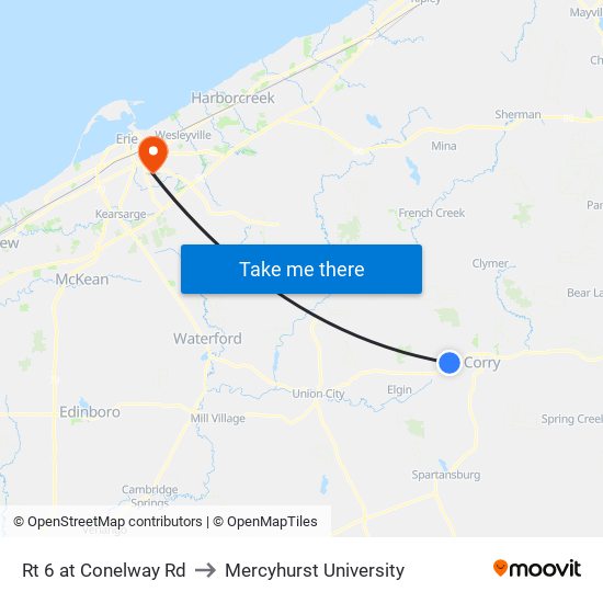 Rt 6 at Conelway Rd to Mercyhurst University map