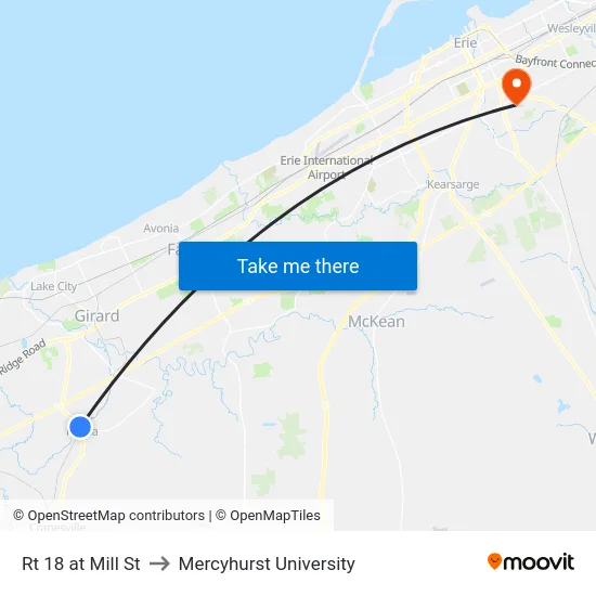 Rt 18 at Mill St to Mercyhurst University map