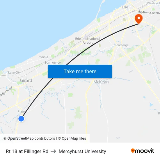 Rt 18 at Fillinger Rd to Mercyhurst University map