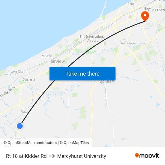 Rt 18 at Kidder Rd to Mercyhurst University map