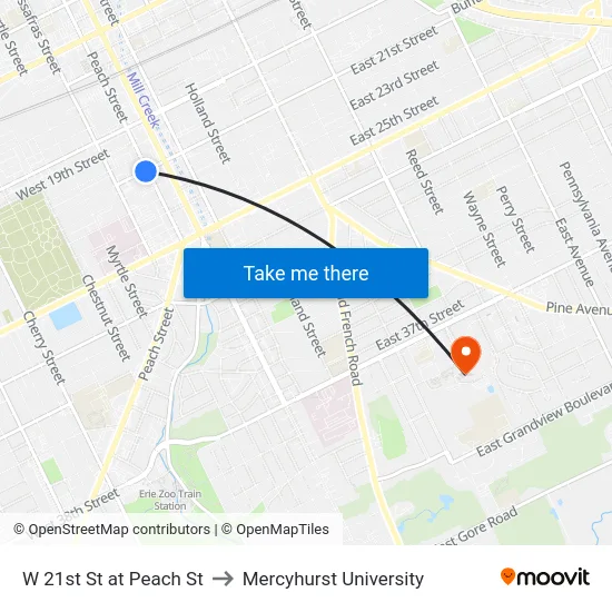 W 21st St at Peach St to Mercyhurst University map