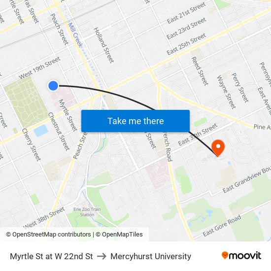 Myrtle St at W 22nd St to Mercyhurst University map