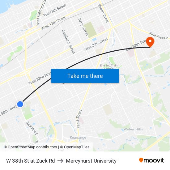 W 38th St at Zuck Rd to Mercyhurst University map