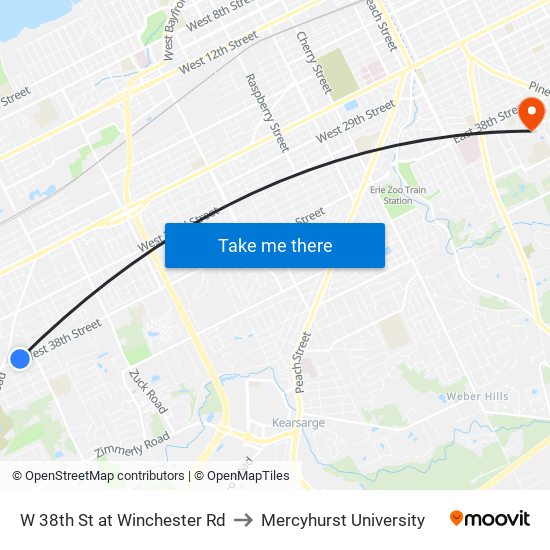 W 38th St at Winchester Rd to Mercyhurst University map