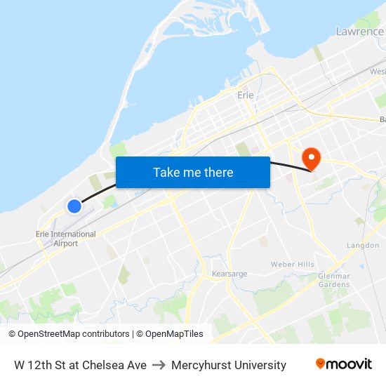 W 12th St at Chelsea Ave to Mercyhurst University map
