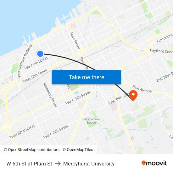 W 6th St at Plum St to Mercyhurst University map