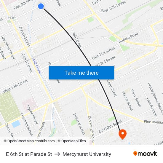 E 6th St at Parade St to Mercyhurst University map