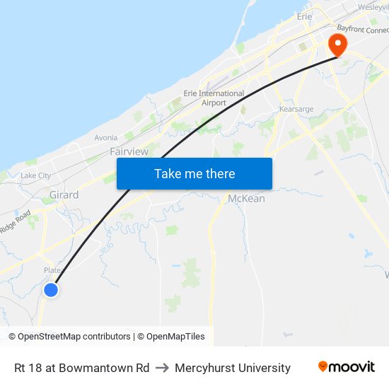 Rt 18 at Bowmantown Rd to Mercyhurst University map