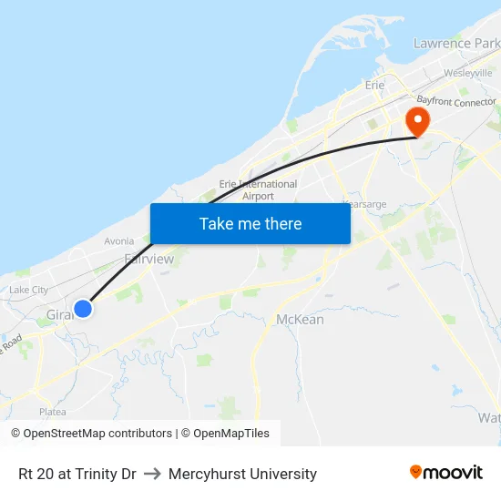 Rt 20 at Trinity Dr to Mercyhurst University map