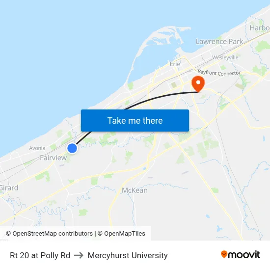 Rt 20 at Polly Rd to Mercyhurst University map