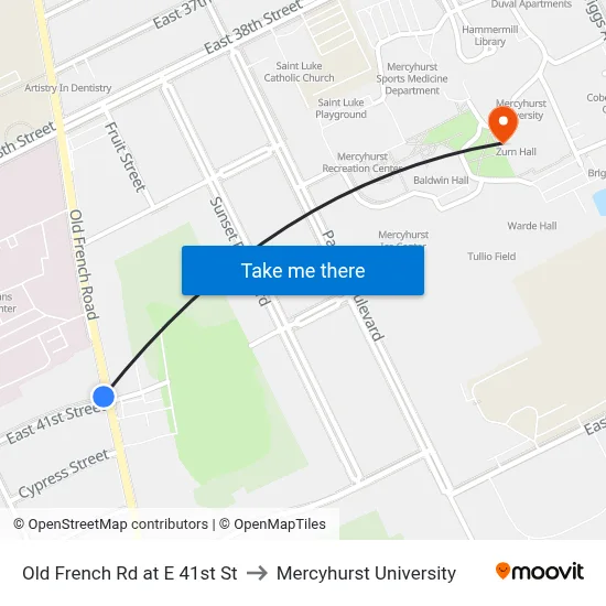 Old French Rd at E 41st St to Mercyhurst University map
