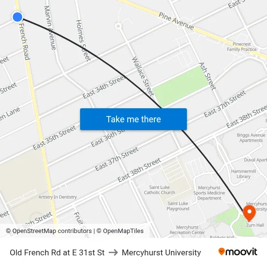 Old French Rd at E 31st St to Mercyhurst University map