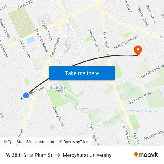 W 38th St at Plum St to Mercyhurst University map