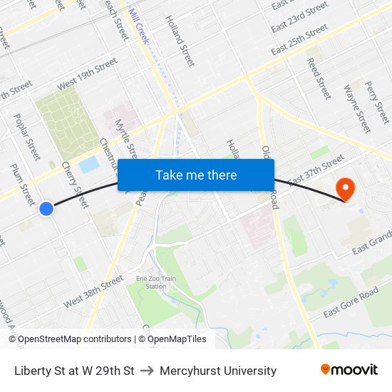 Liberty St at W 29th St to Mercyhurst University map