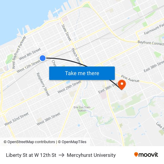 Liberty St at W 12th St to Mercyhurst University map