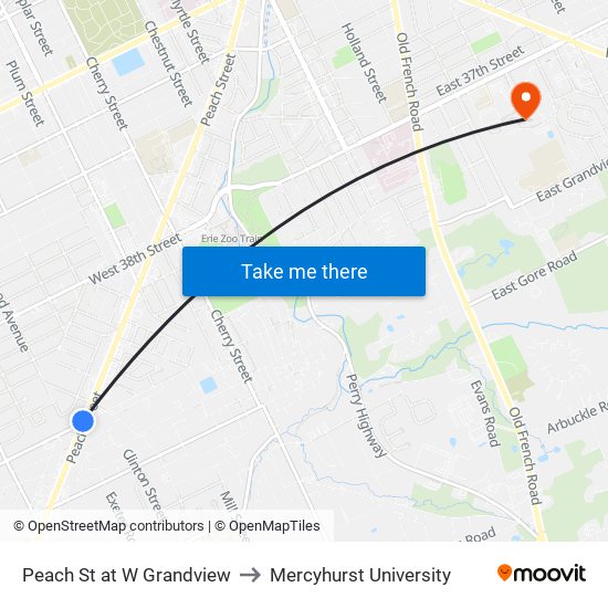 Peach St at W Grandview to Mercyhurst University map