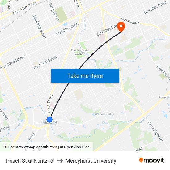 Peach St at Kuntz Rd to Mercyhurst University map