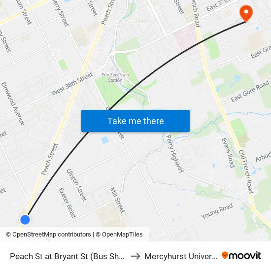 Peach St at Bryant St (Bus Shelter) to Mercyhurst University map