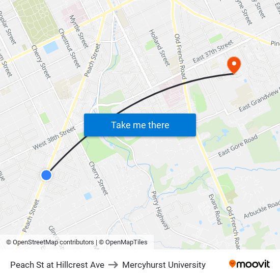 Peach St at Hillcrest Ave to Mercyhurst University map