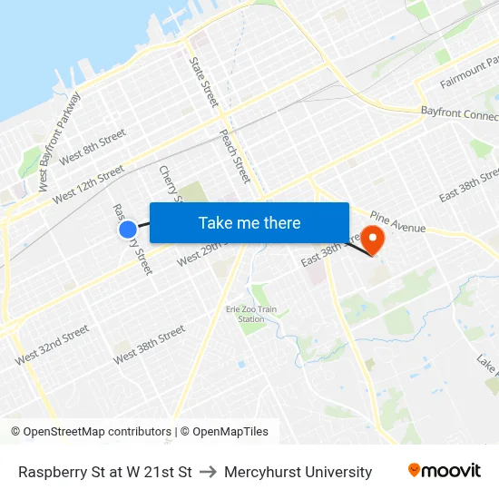 Raspberry St at W 21st St to Mercyhurst University map