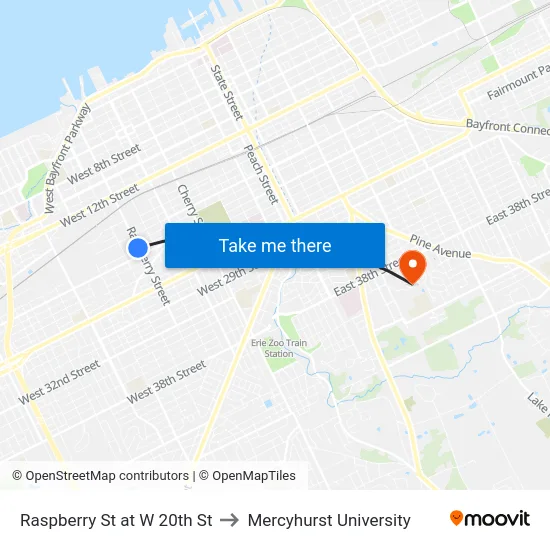 Raspberry St at W 20th St to Mercyhurst University map