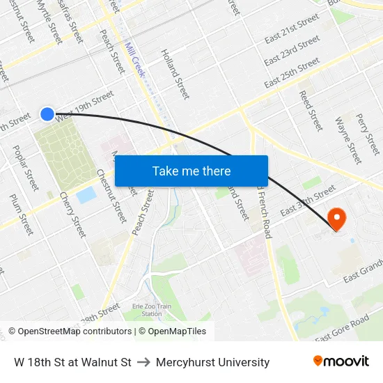 W 18th St at Walnut St to Mercyhurst University map