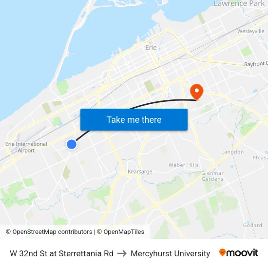 W 32nd St at Sterrettania Rd to Mercyhurst University map