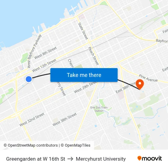 Greengarden at W 16th St to Mercyhurst University map