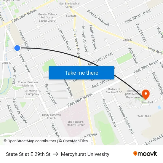 State St at E 29th St to Mercyhurst University map