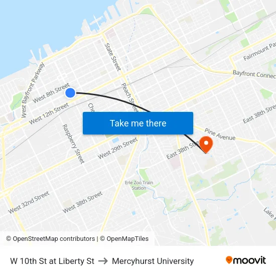 W 10th St at Liberty St to Mercyhurst University map