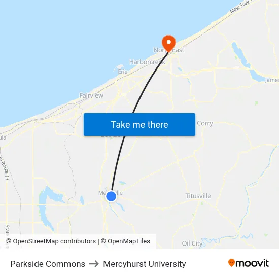Parkside Commons to Mercyhurst University map