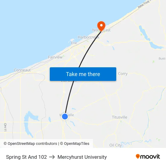 Spring St And 102 to Mercyhurst University map