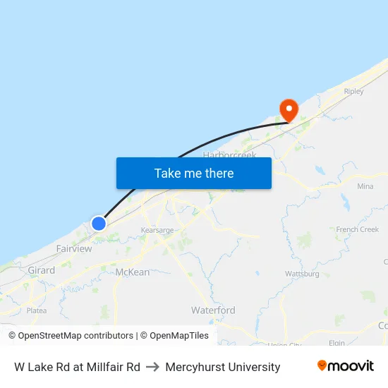 W Lake Rd at Millfair Rd to Mercyhurst University map