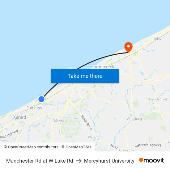 Manchester Rd at W Lake Rd to Mercyhurst University map