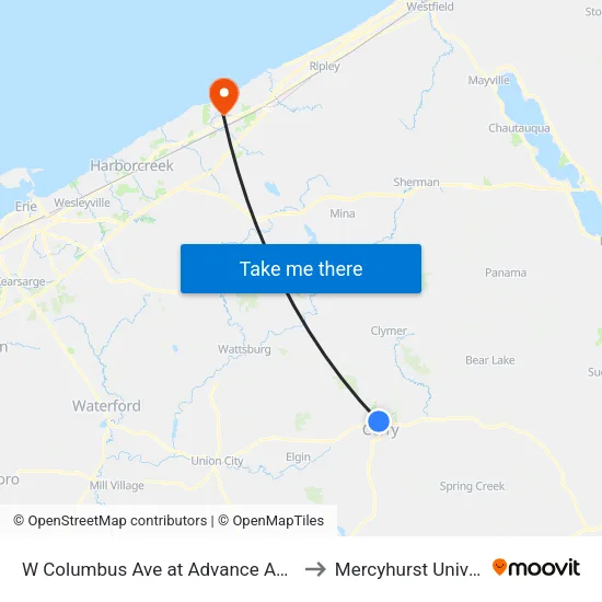 W Columbus Ave at Advance Auto Parts to Mercyhurst University map