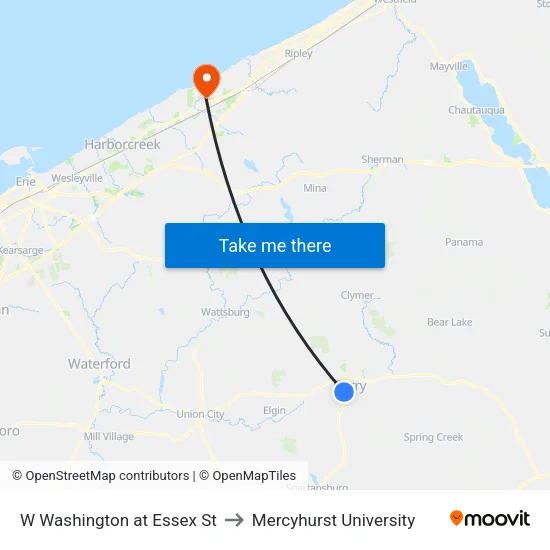 W Washington at Essex St to Mercyhurst University map
