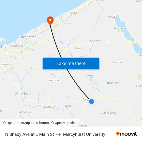 N Shady Ave at E Main St to Mercyhurst University map