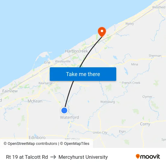 Rt 19 at Talcott Rd to Mercyhurst University map