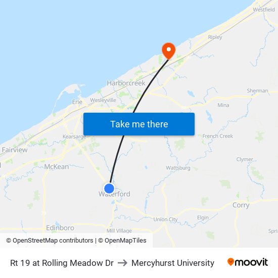 Rt 19 at Rolling Meadow Dr to Mercyhurst University map