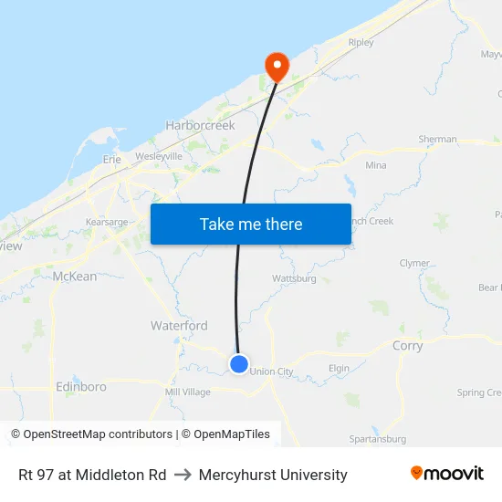 Rt 97 at Middleton Rd to Mercyhurst University map