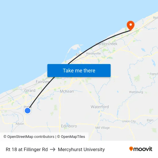 Rt 18 at Fillinger Rd to Mercyhurst University map