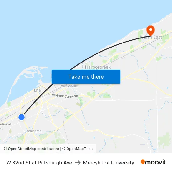 W 32nd St at Pittsburgh Ave to Mercyhurst University map