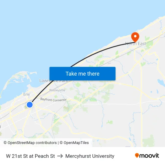 W 21st St at Peach St to Mercyhurst University map